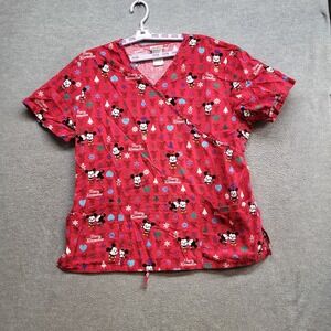 Disney Women Scrub Top XL Red Cuties Merry Kissmouse Short Sleeve V Neck